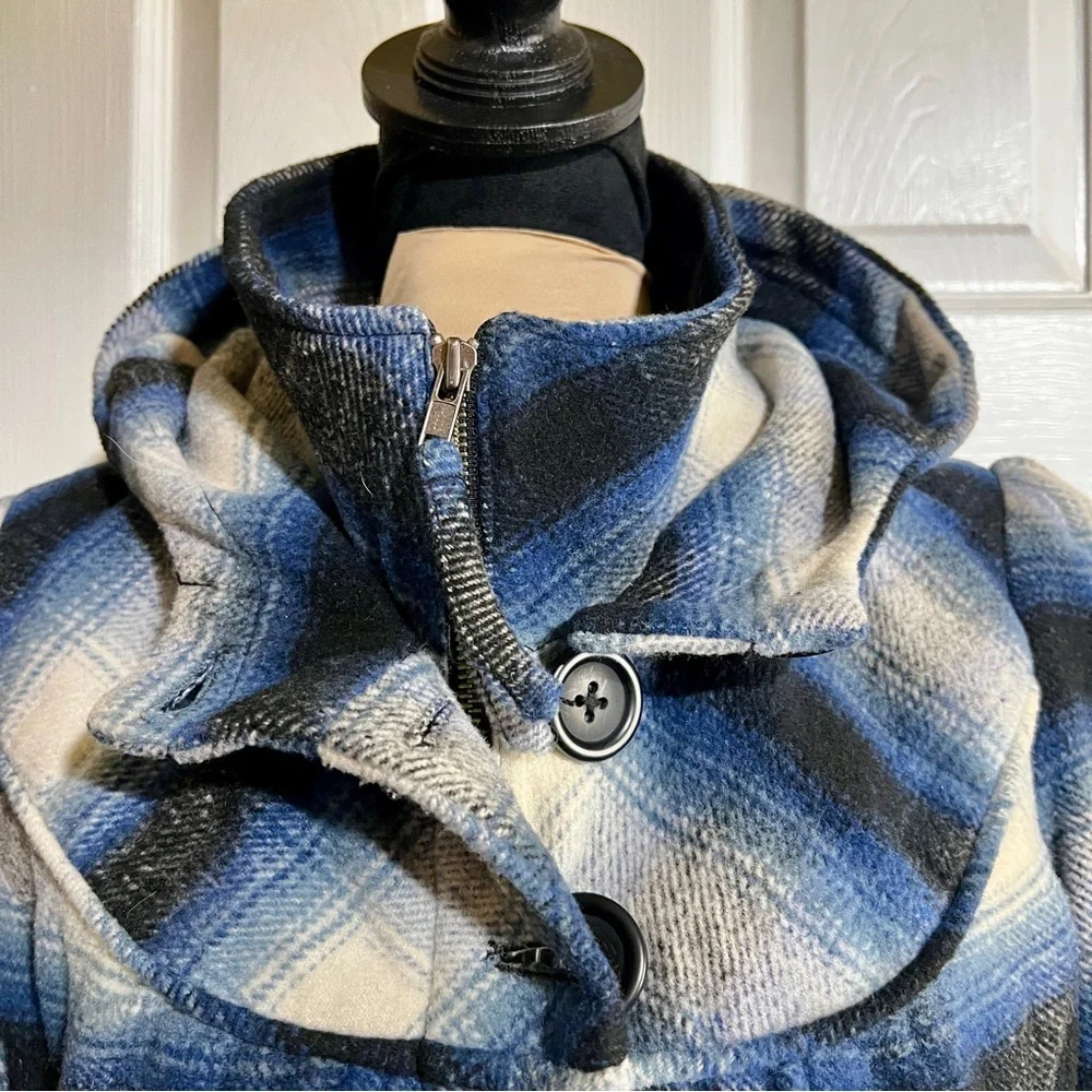 Mavi Wms Y2K Plaid Flannel Wool Blend Hooded Mock Neck‎ Preppy Casual Jacket S